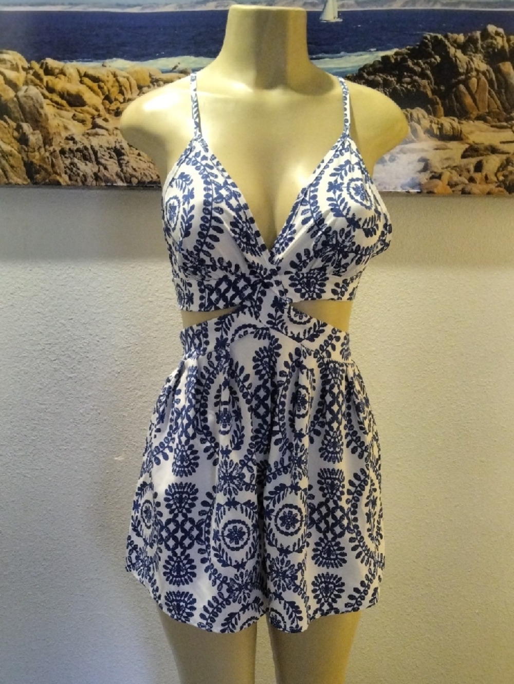 SHEIN Blue and White Floral Cutout Romper
